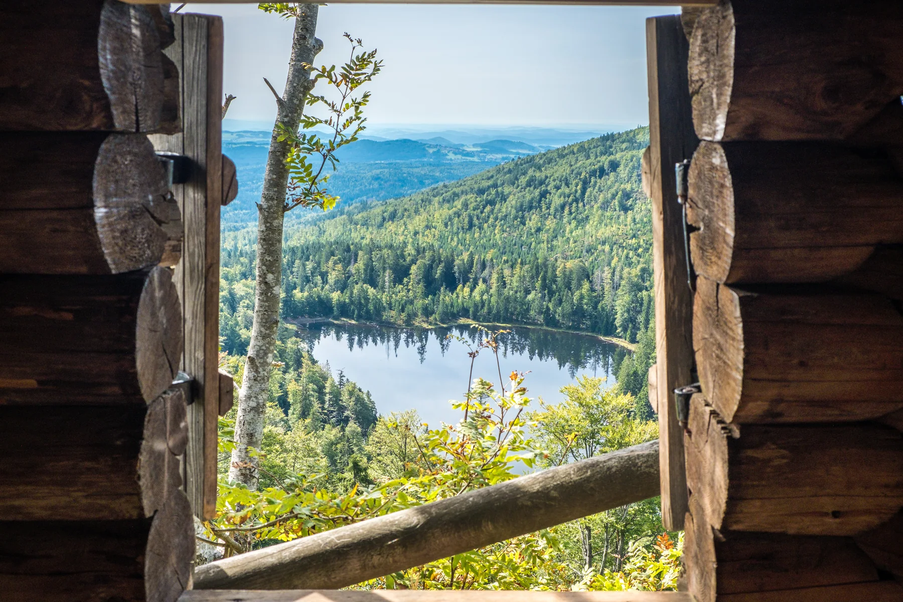 Blick durch eine Holzhütte auf See und Berge im Bayerischen Wald